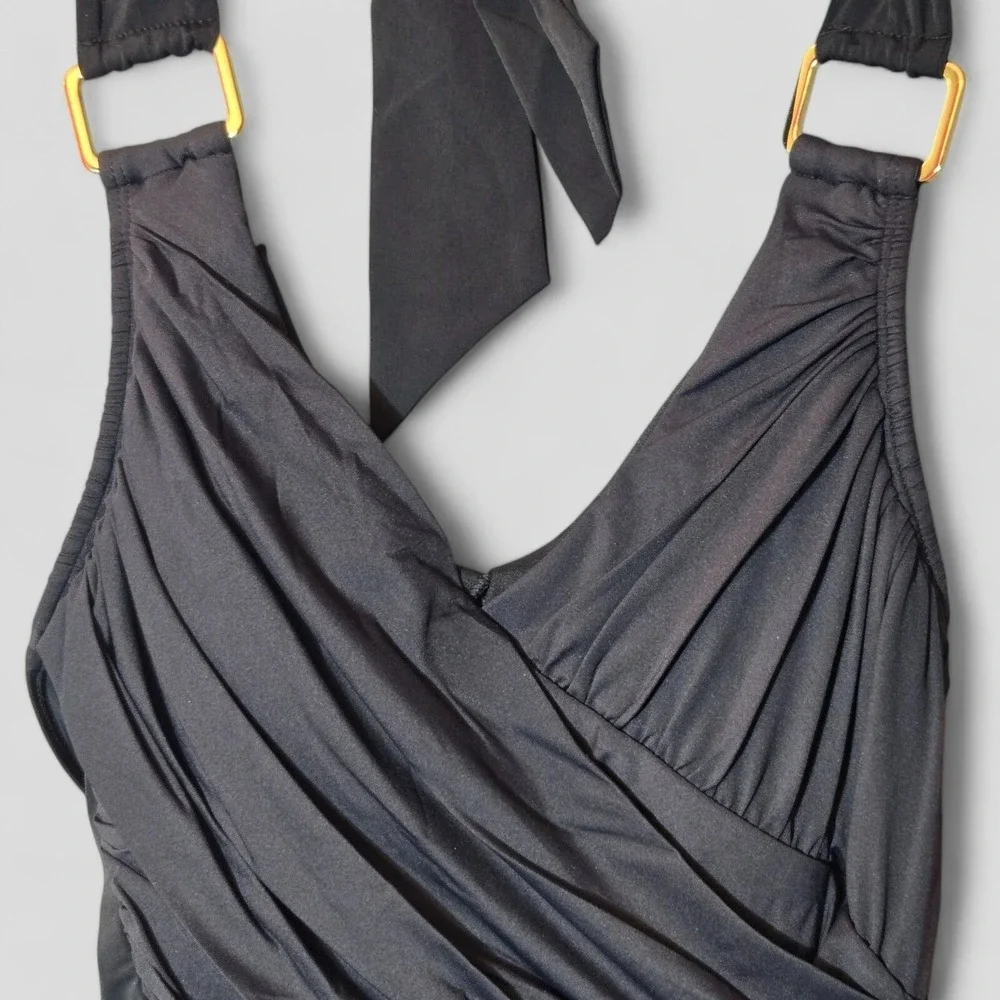 Spanx Draped Whittle Waistline Halter Tankini Black 6 Slimming Minimalist NWT